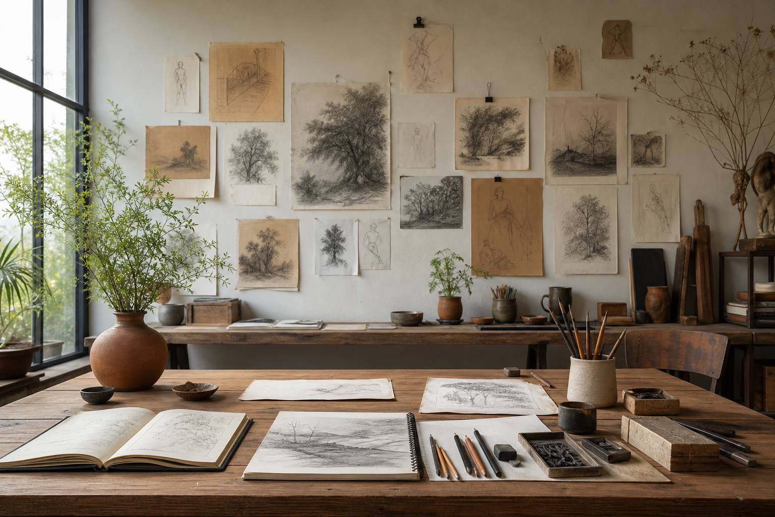 Plan large de l'atelier de Jean-Luc Verna dessins accrochés au mur