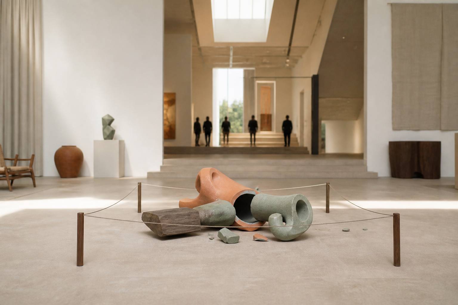 Salle d'exposition avec sculpture renversée entourée d'un cordon de sécurité