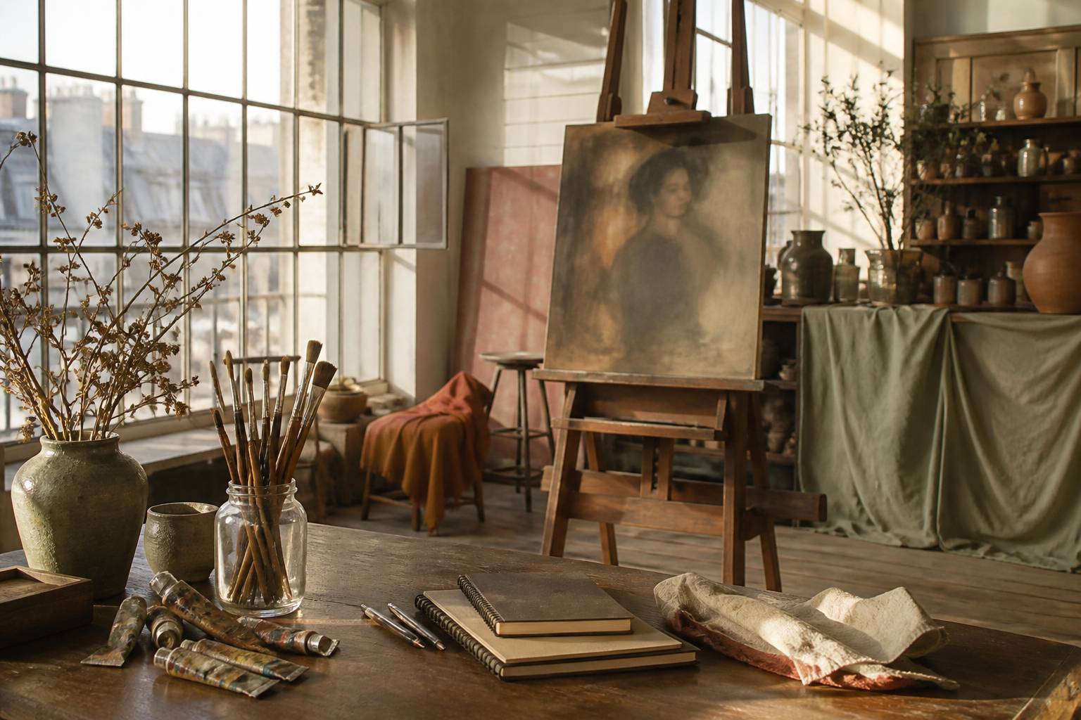 Atelier d'artiste parisien des années folles avec chevalet et pinceaux