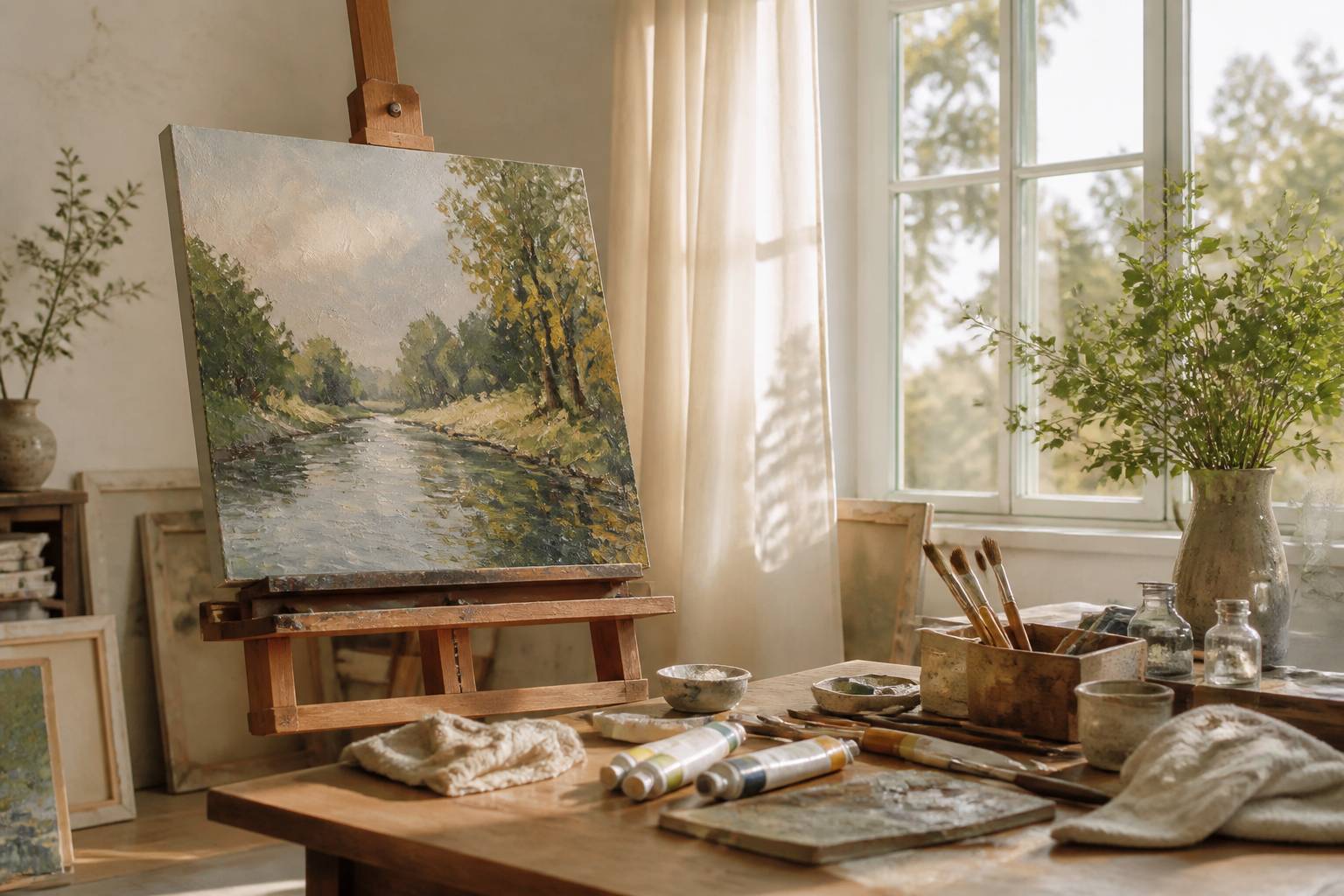 Chevalet avec peinture impressionniste de rivière dans un atelier d'artiste