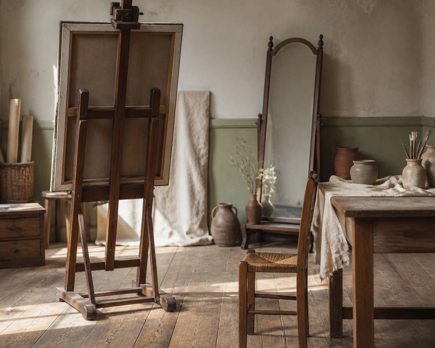 Atelier de peintre avec chevalet, toile retournée et miroir dans une lumière chaude