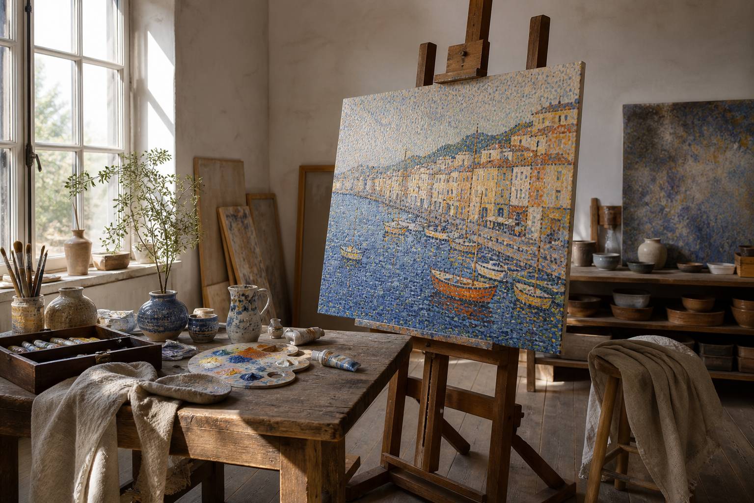 Atelier de peintre lumineux avec chevalet, toile pointilliste représentant un port méditerranéen et tubes de peinture
