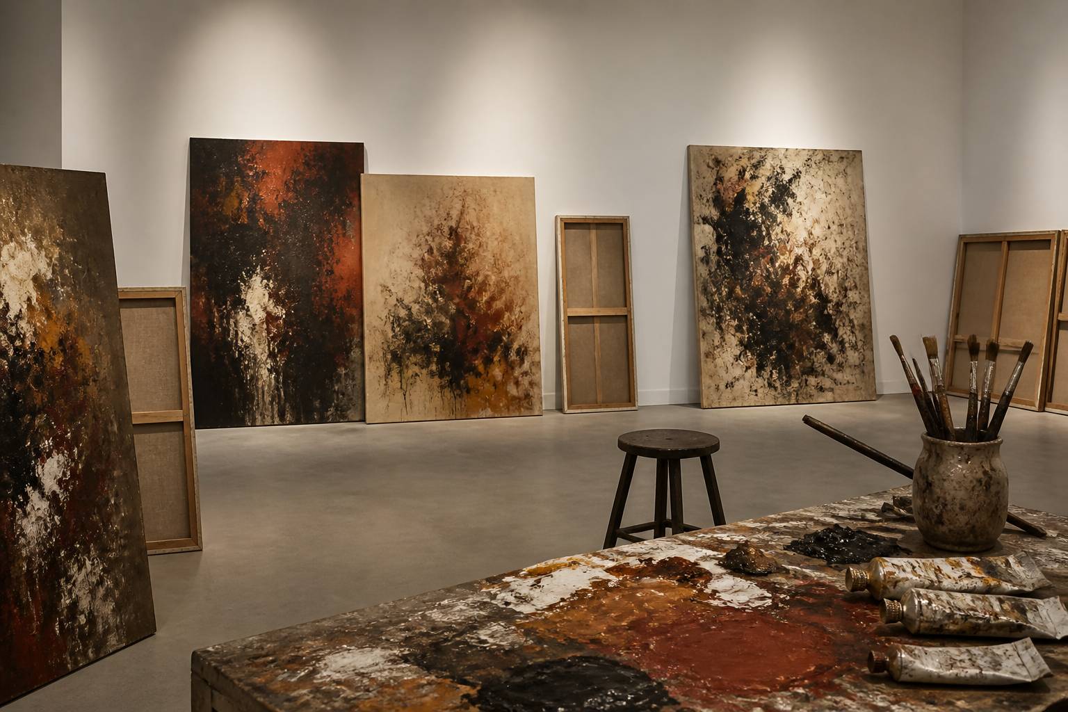 Toiles retournées dans un atelier avec palette et pinceaux