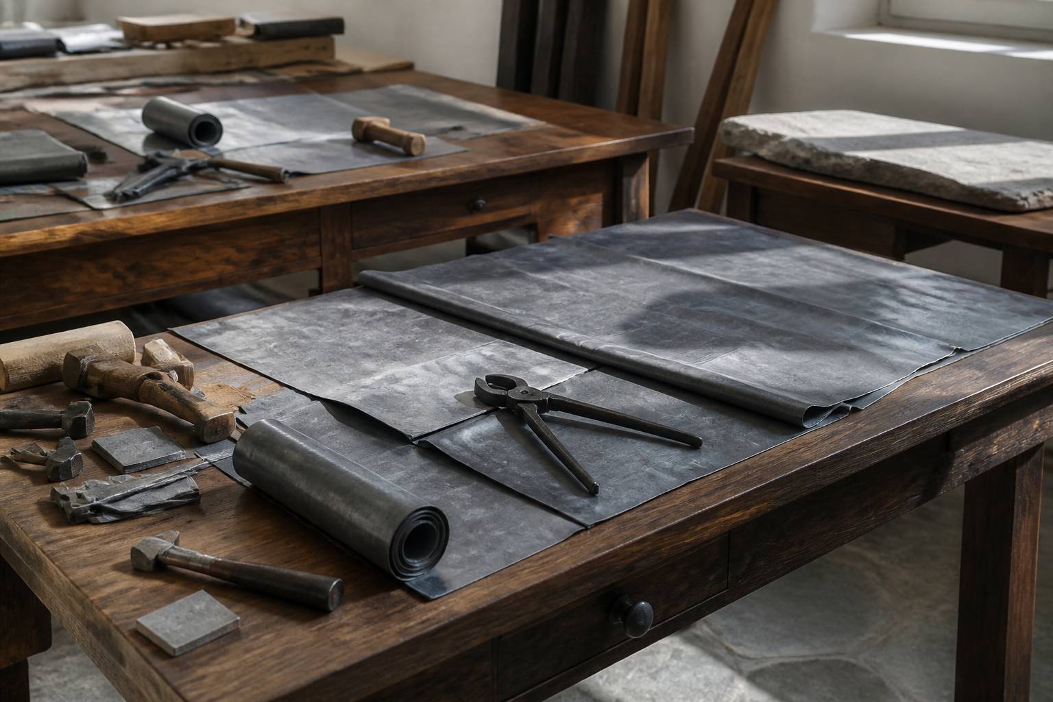 Feuilles de plomb et outils de couvreur sur une table d'atelier