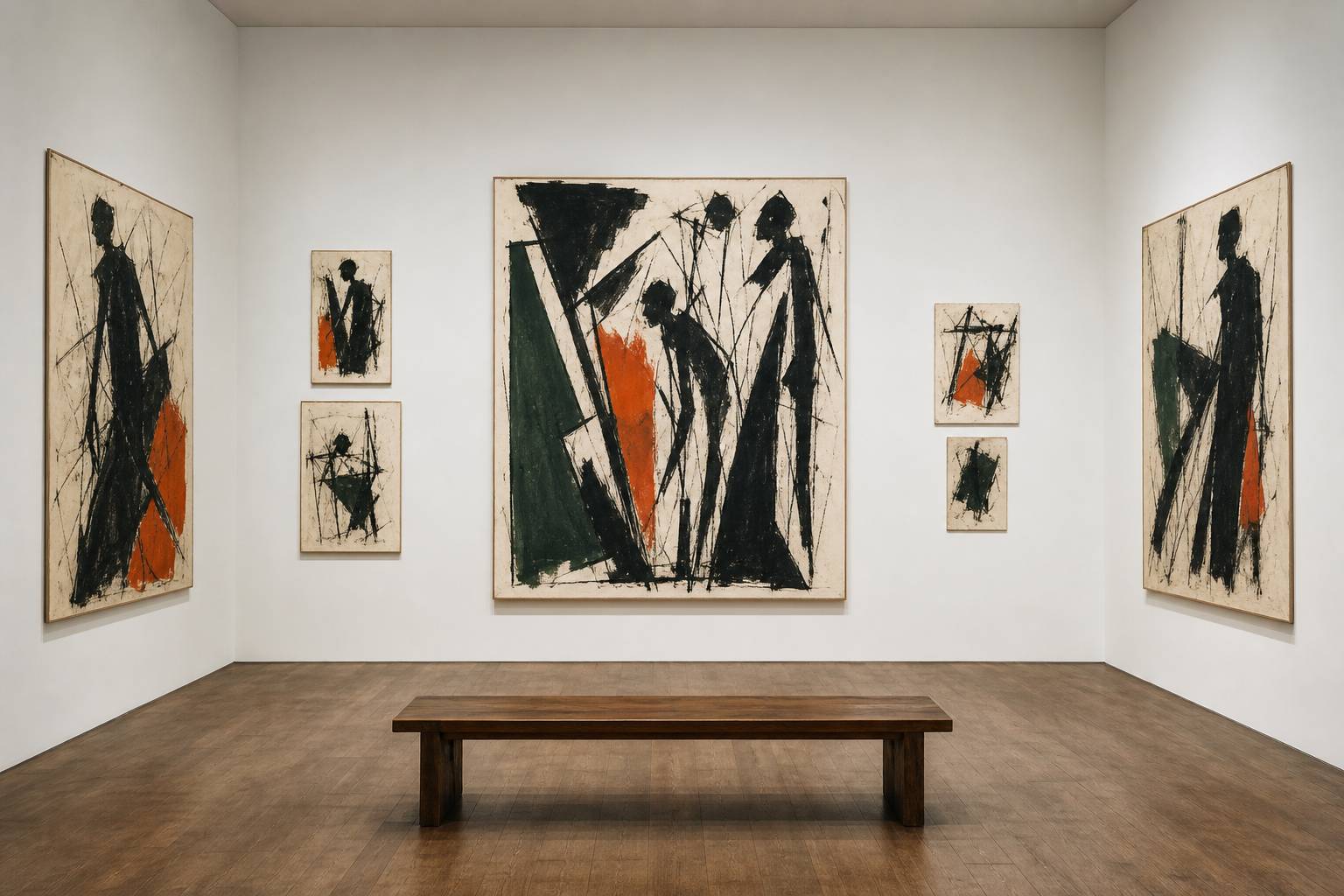 Dessins expressionnistes au trait nerveux accrochés dans une salle