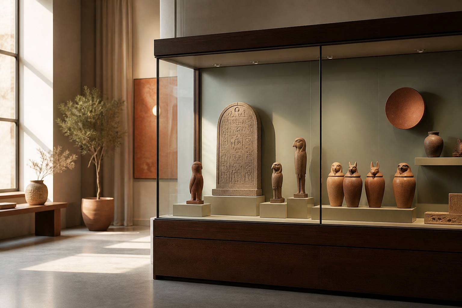 Vitrine de musée avec antiquités égyptiennes génériques et hiéroglyphes