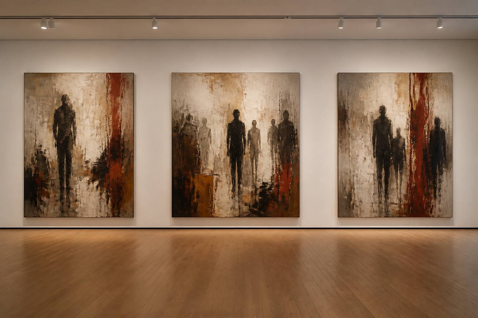 Galerie d'art blanc avec trois grandes toiles abstraites génériques