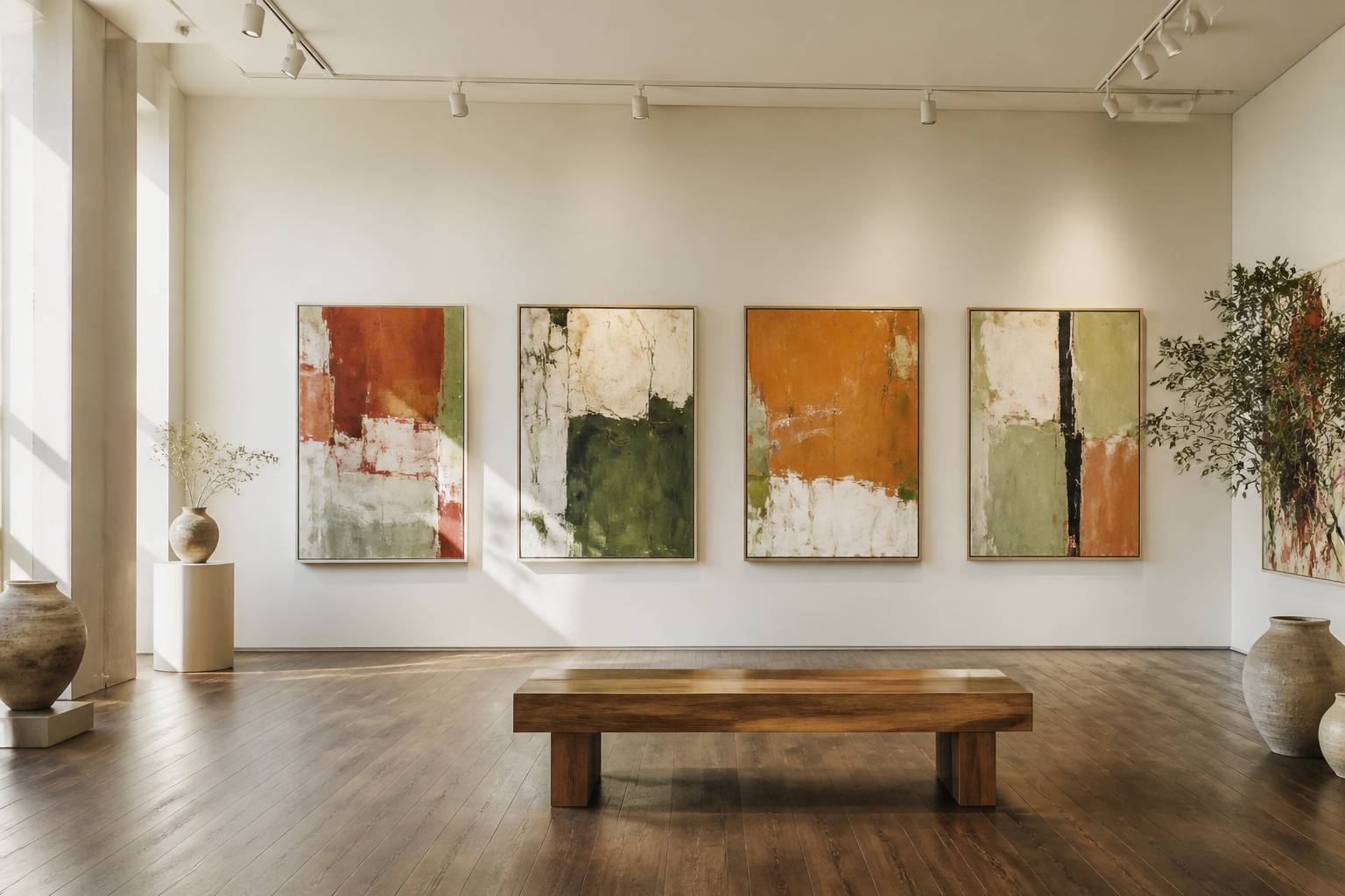 Salle de musée avec tableaux abstraits accrochés sur cimaise blanche