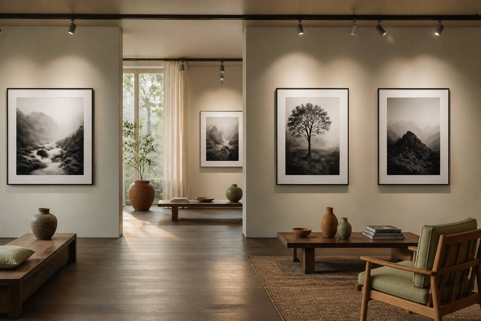Galerie de photographie avec de grands tirages noir et blanc encadrés