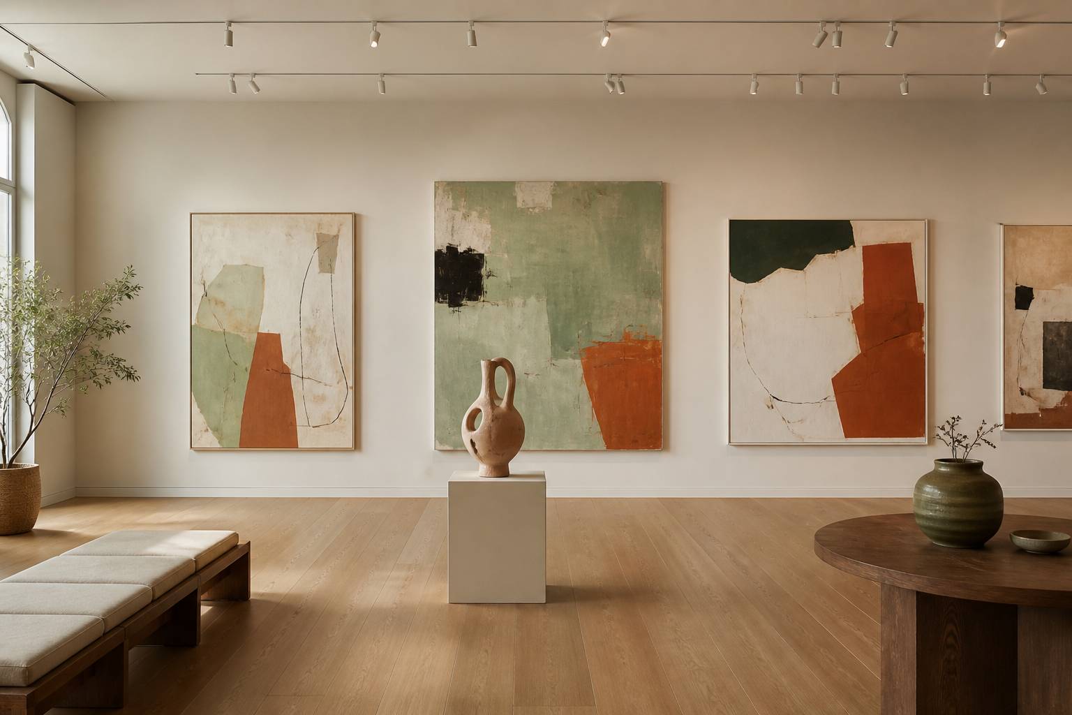Mur de galerie d'art contemporain avec toiles abstraites et sculpture