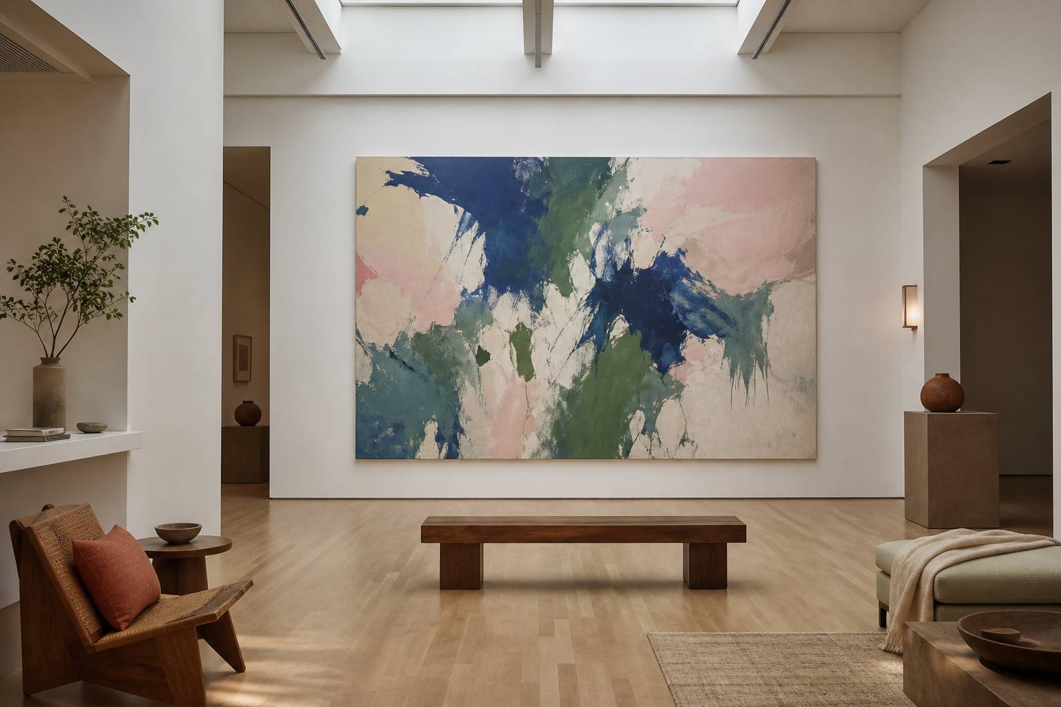 Grande toile abstraite aux coups de pinceau colorés dans une galerie