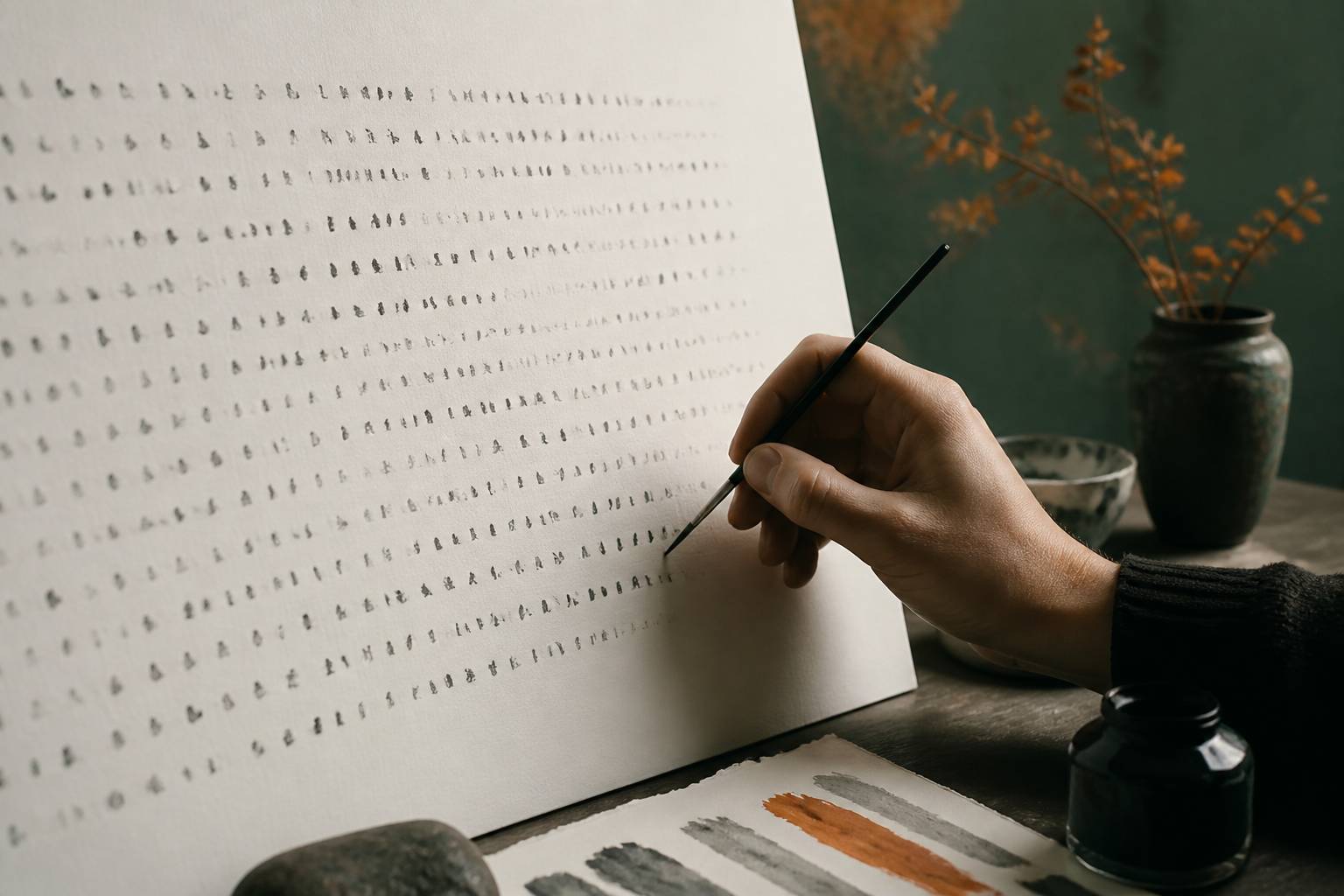 Main d'artiste peignant de minuscules nombres gris sur une toile blanche avec un pinceau fin
