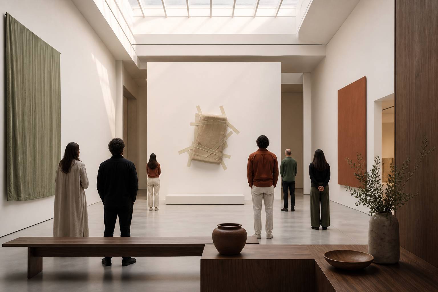 Œuvre conceptuelle générique sur socle blanc dans une salle de musée