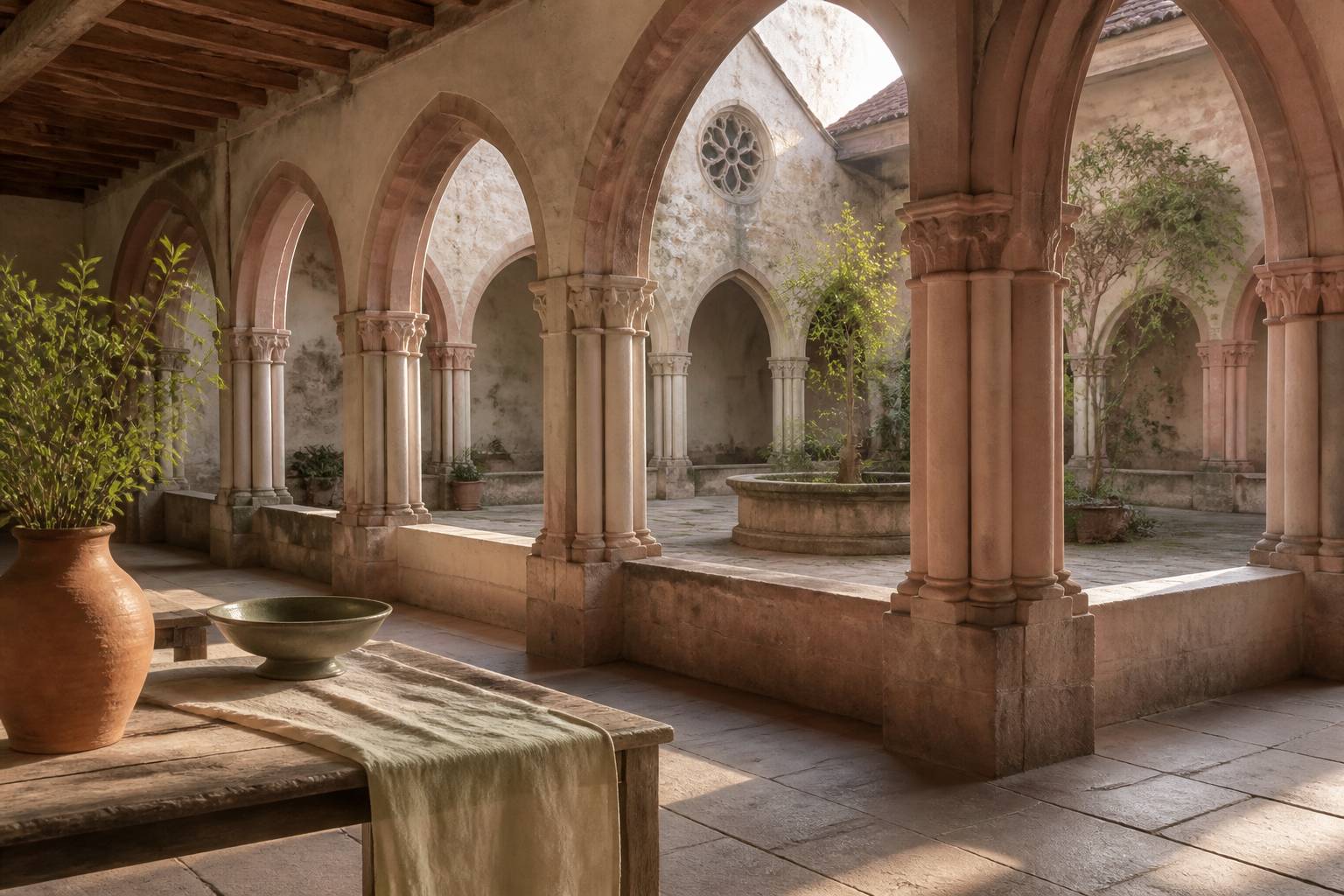 Cloître gothique avec arcades en grès rose et lumière sur les dalles