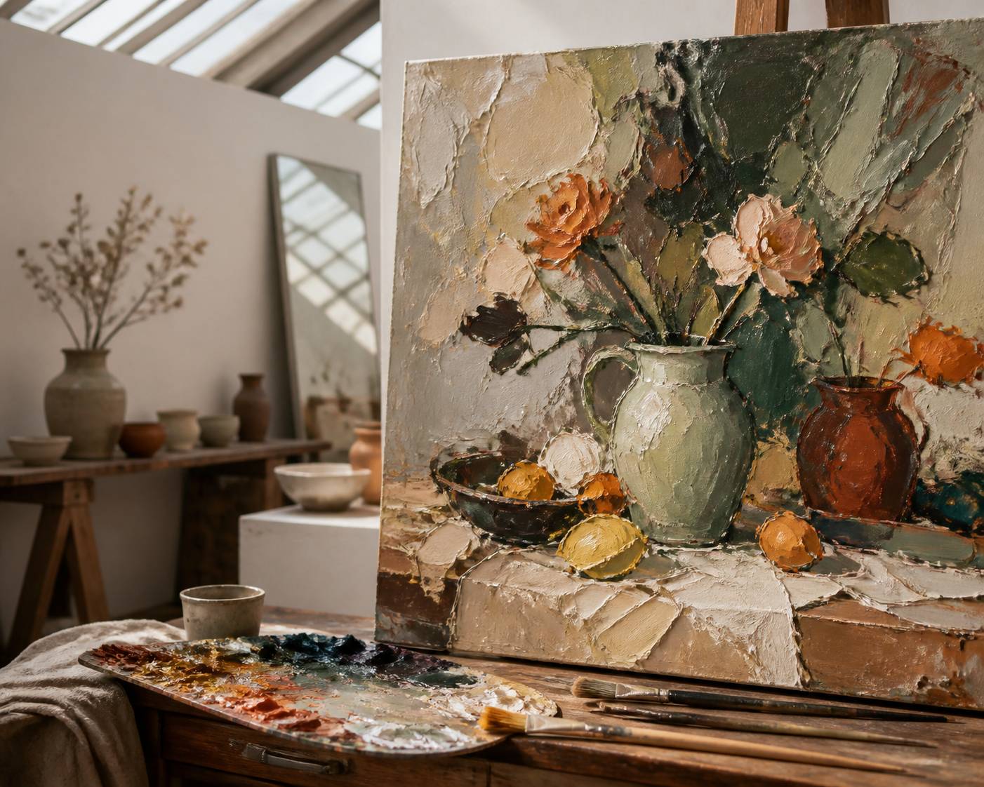 Nature morte peinte à la matière épaisse avec palette et pinceaux
