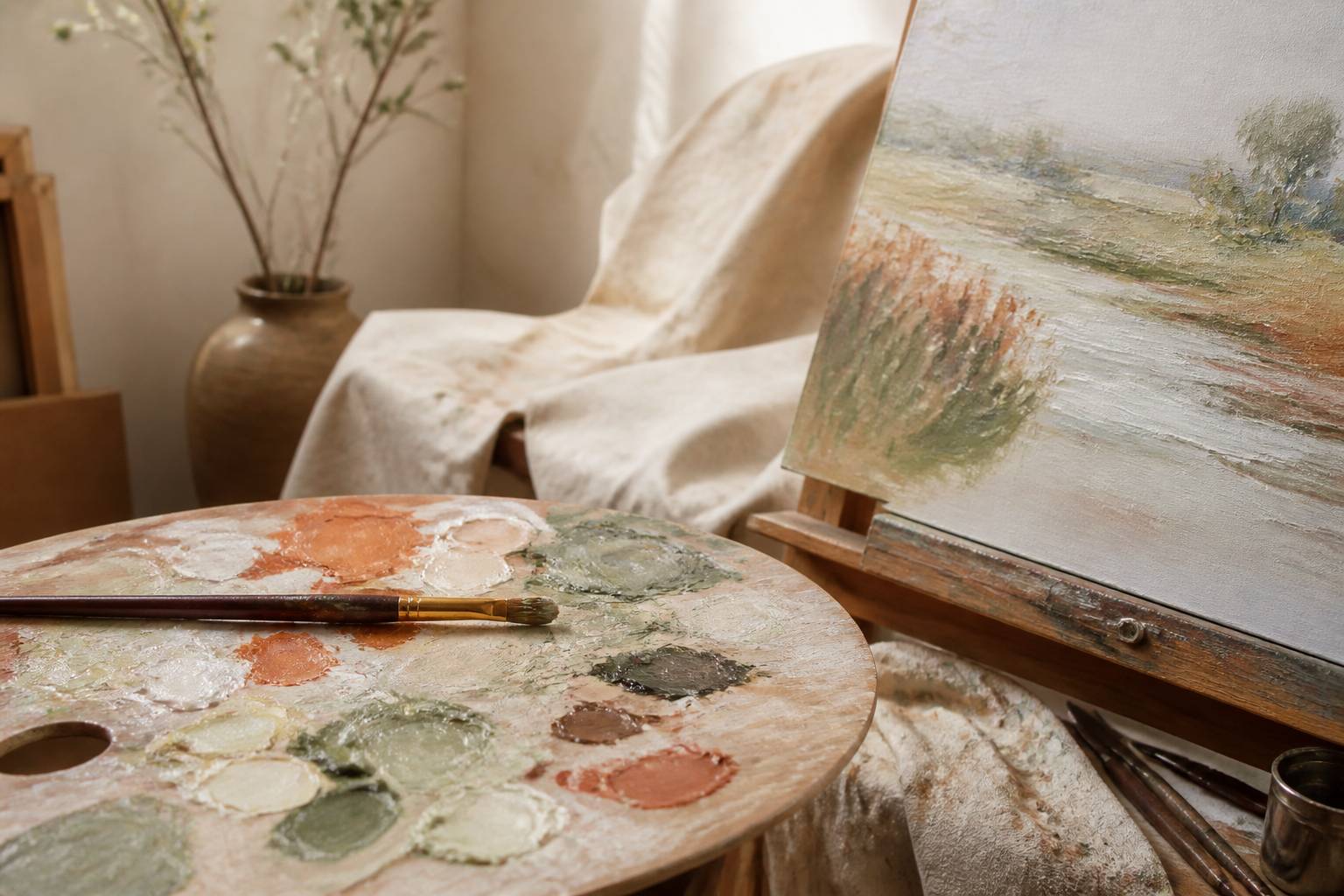 Palette de peintre avec touches pastel et paysage fluvial en cours