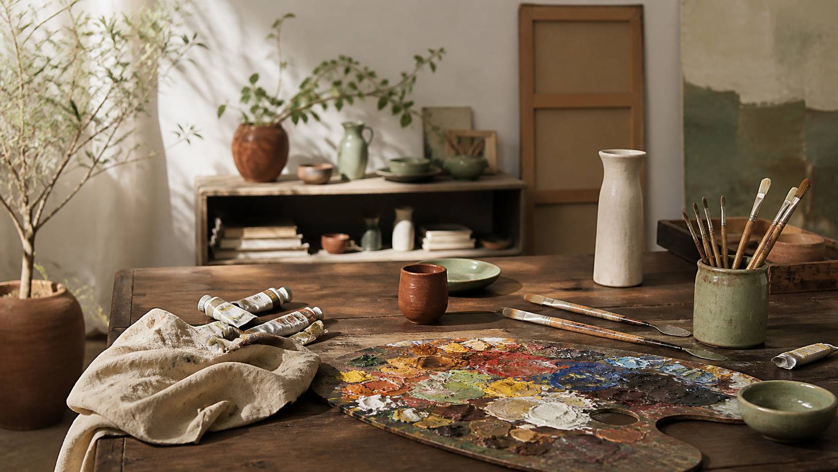 Palette de peinture à l'huile avec pinceaux et tubes de couleurs vives sur une table d'atelier