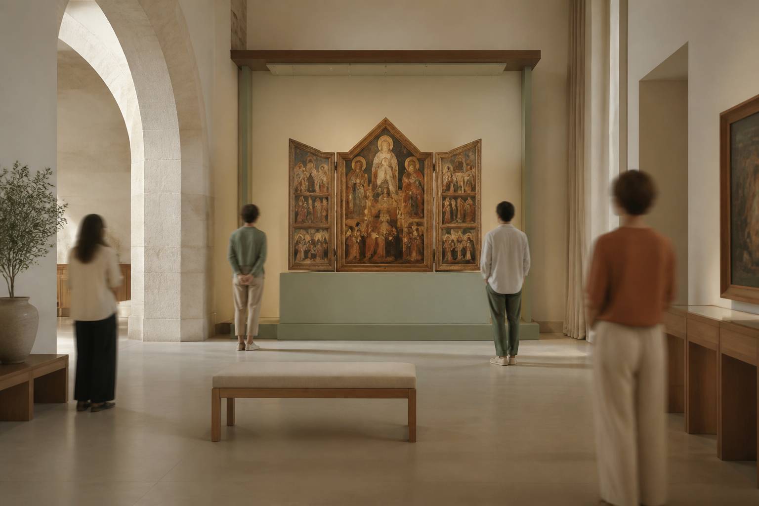 Salle de musée avec un retable médiéval sous une lumière douce