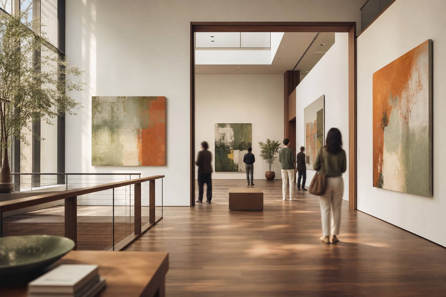 Enfilade de salles de musée avec toiles abstraites et visiteurs de dos