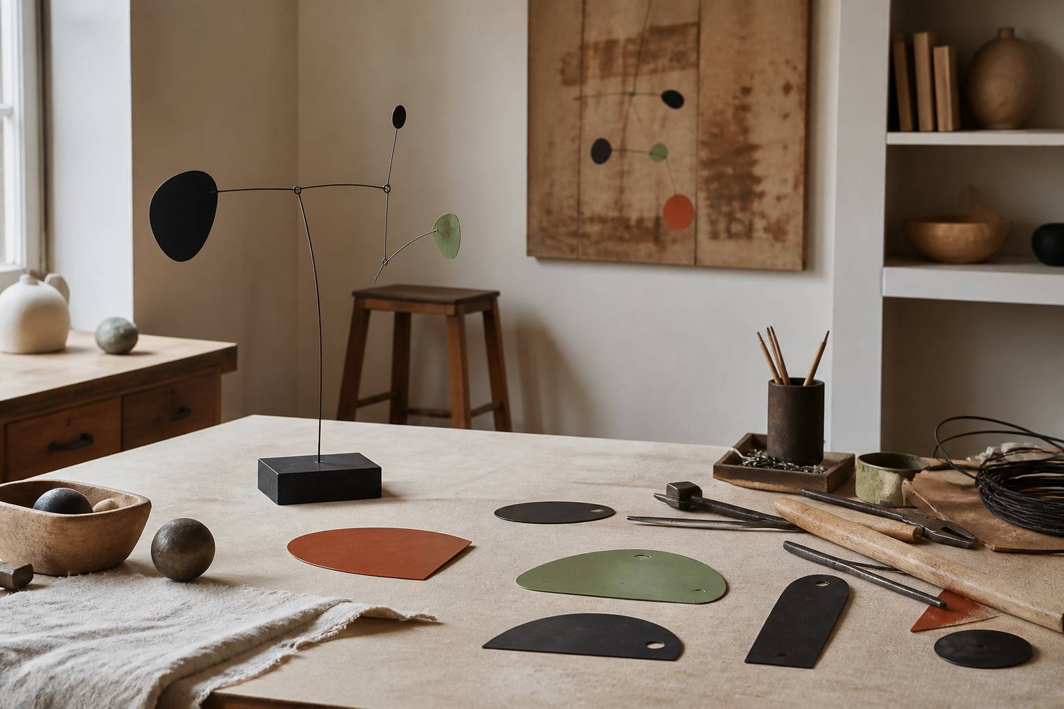 Sculpture en fil de fer et contrepoids sur une table d'atelier