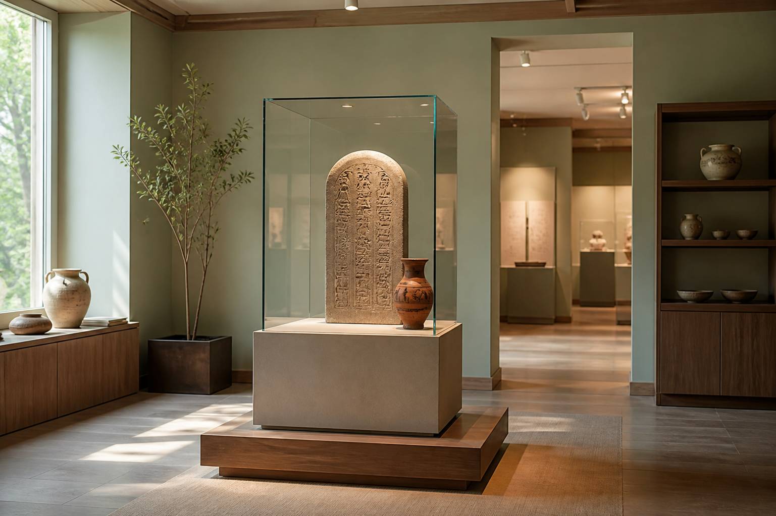 Stèle aux hiéroglyphes et vase antique dans une vitrine éclairée