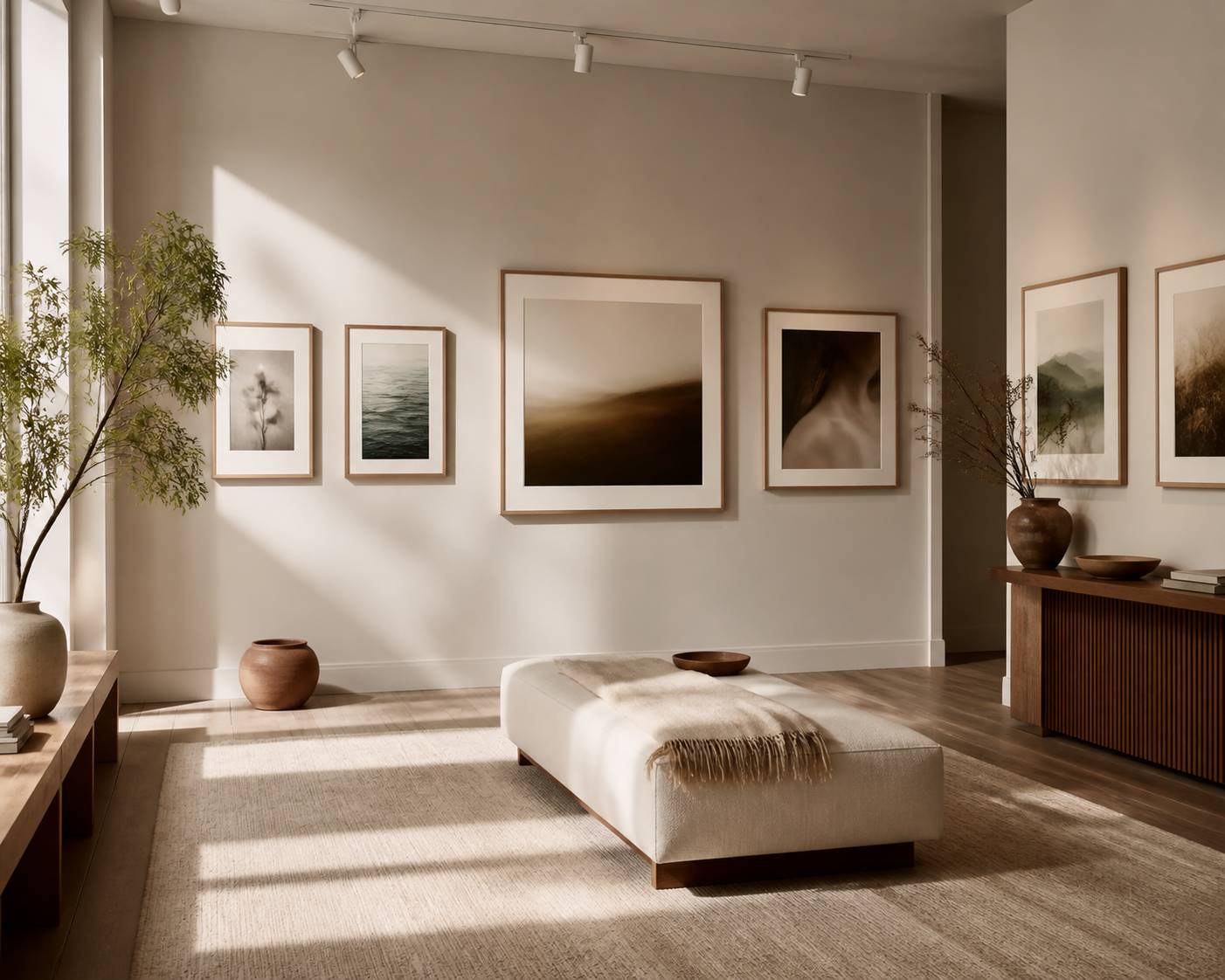Mur de galerie avec des tirages photographiques encadrés et une banquette
