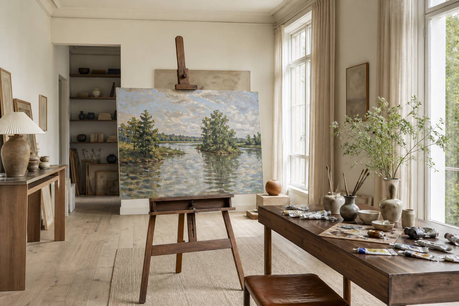 Tableau impressionniste de rivière sur chevalet dans un atelier de peintre