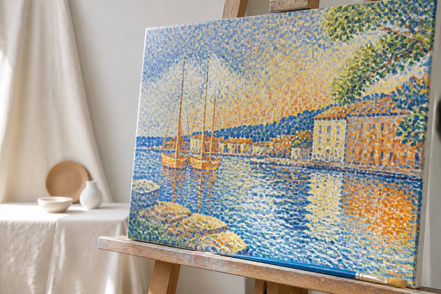 Gros plan d'une toile pointilliste aux touches de couleurs séparées formant un port au soleil avec un pinceau