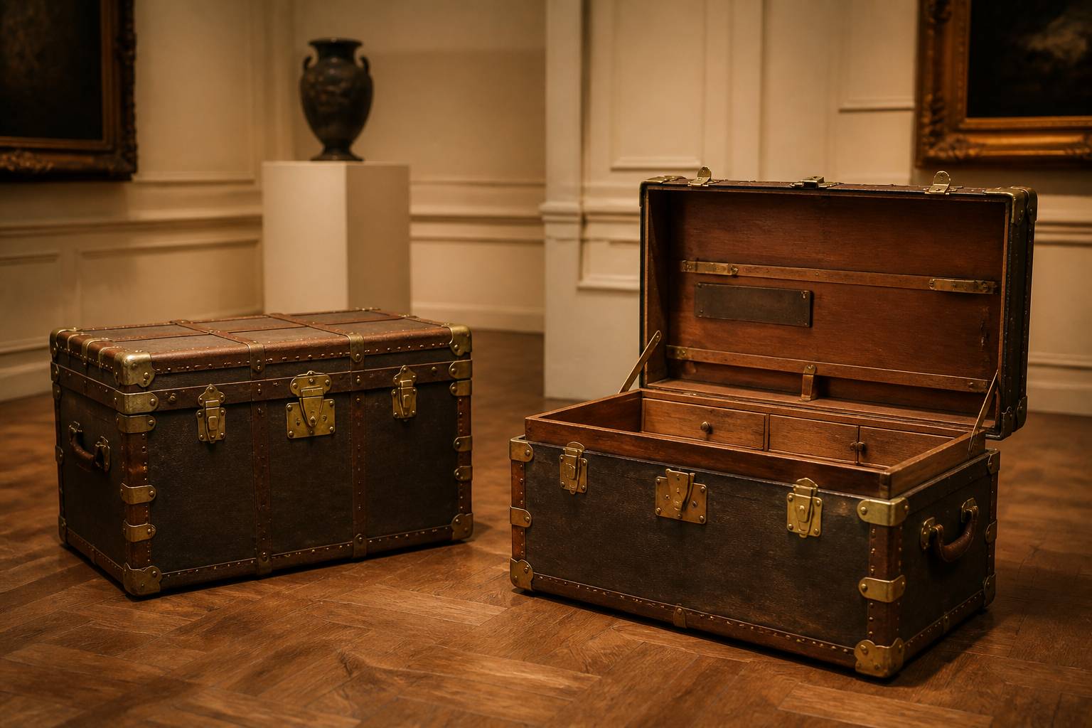 Malles de voyage anciennes en cuir patiné dans une salle des ventes