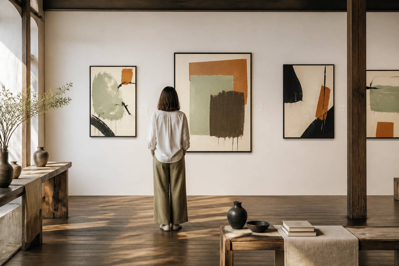 Personne vue de dos contemplant des toiles abstraites dans une galerie