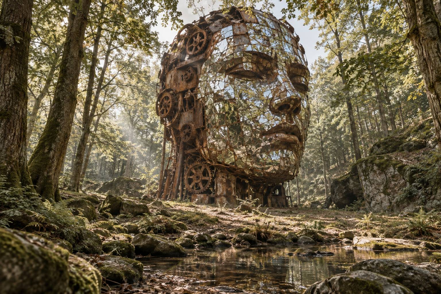 Sculpture géante en ferraille et miroirs dressée dans une clairière forestière