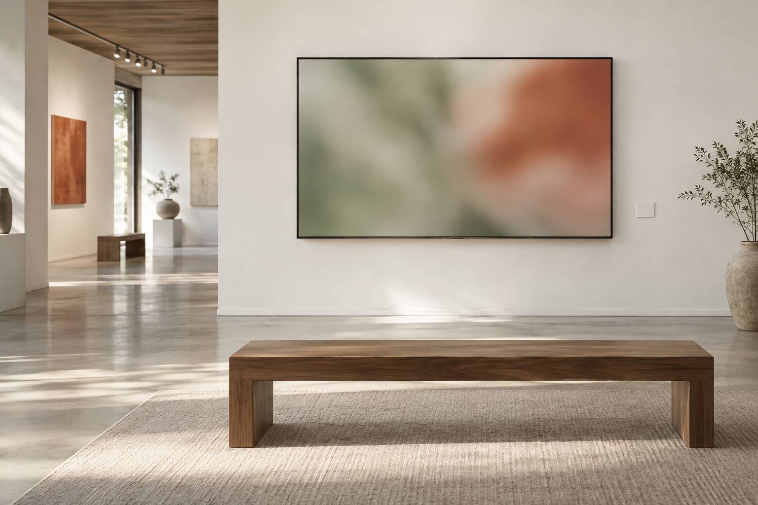 Détail d'une cimaise d'exposition avec écran vidéo abstrait et banc de musée