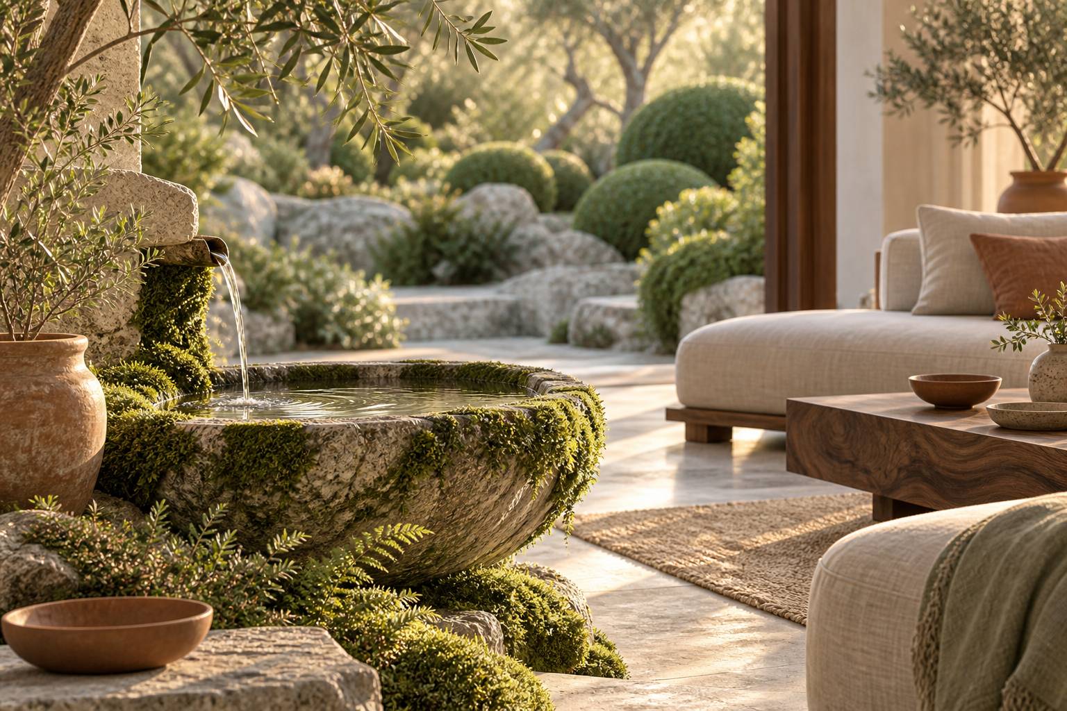 Détail d'une fontaine en pierre entourée de buis dans un jardin historique