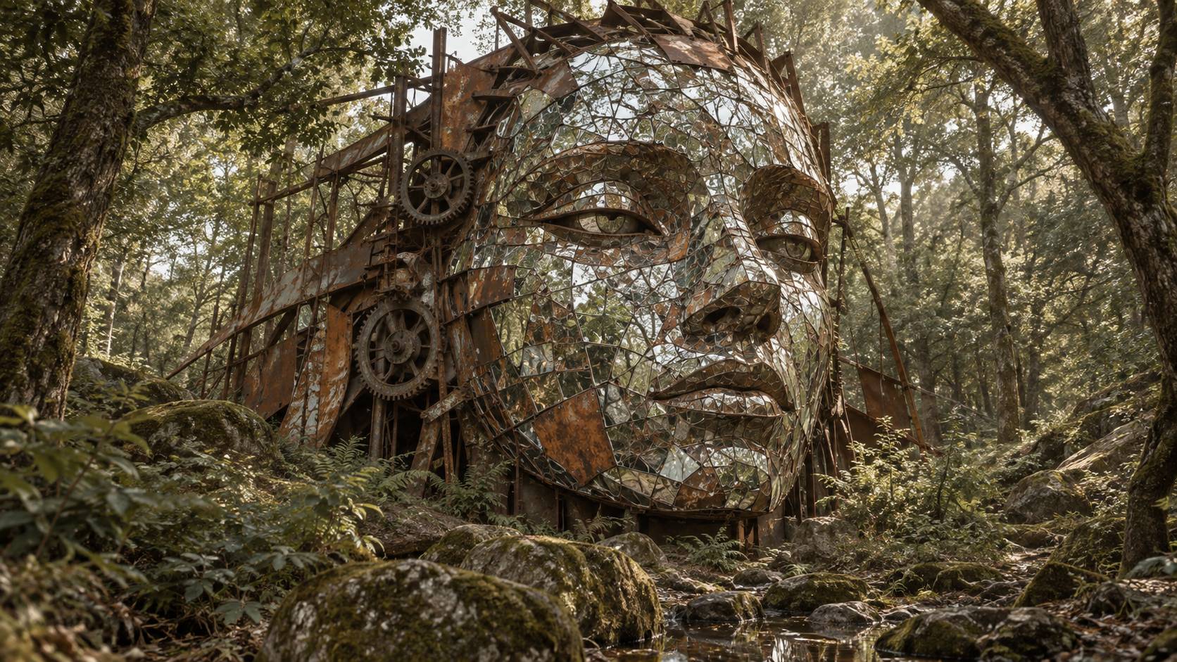 Face en mosaïque de miroirs d'une sculpture géante reflétant le feuillage de la forêt