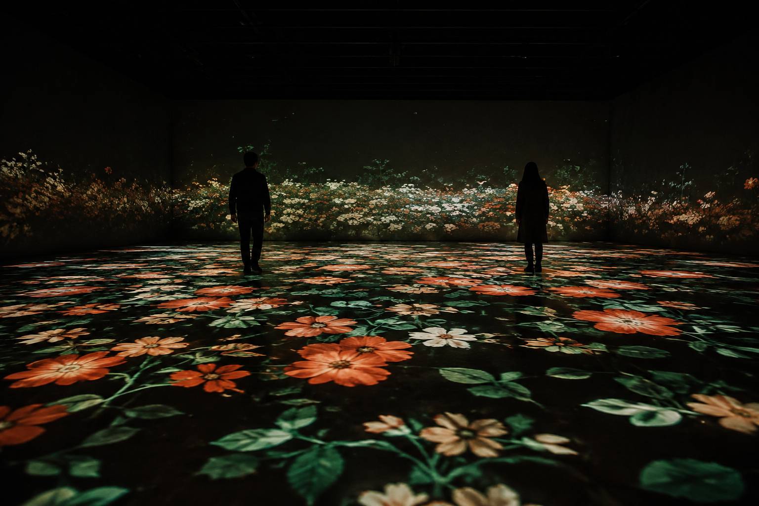 Fleurs numériques projetées au sol d'une installation immersive