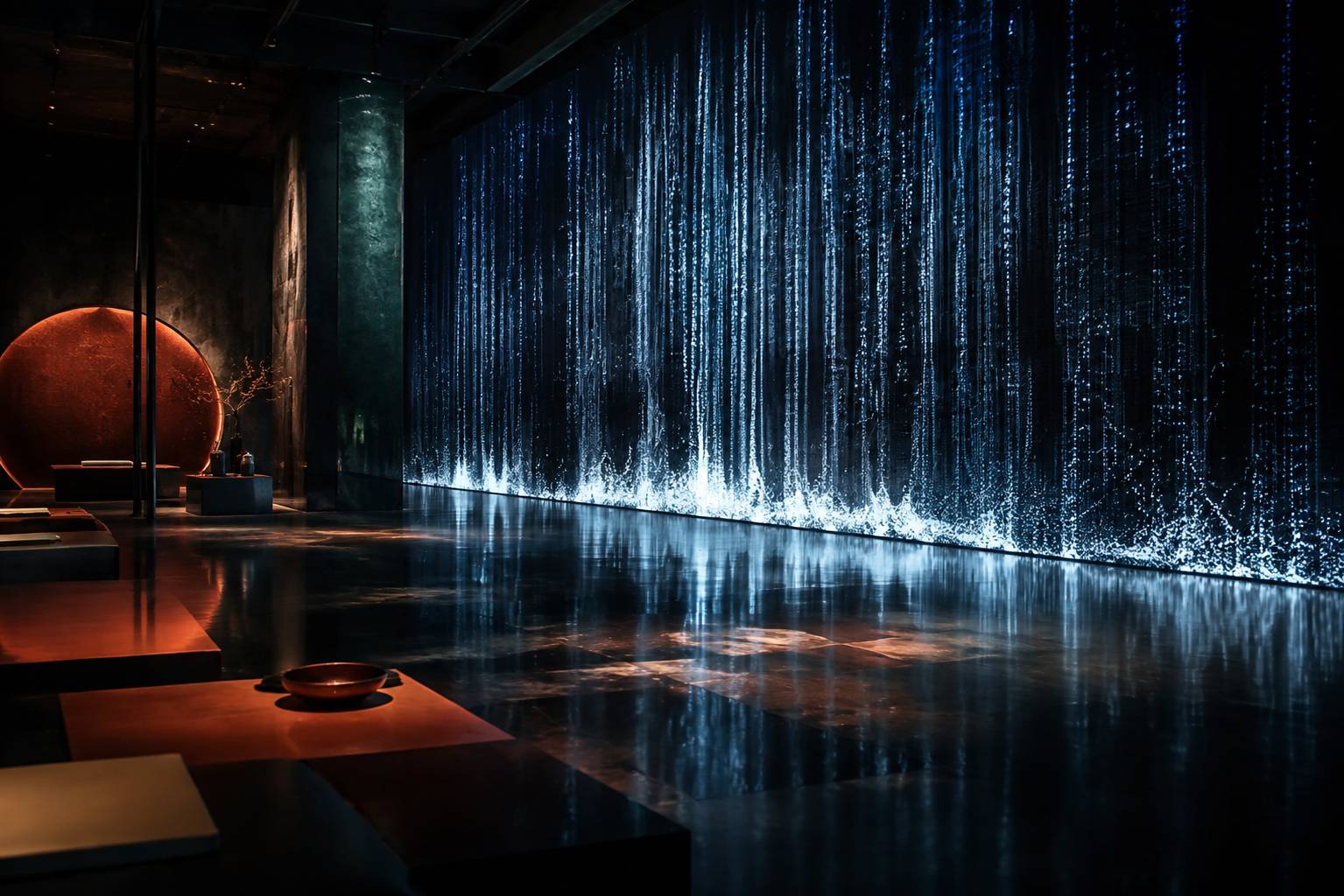 Cascade de lumière numérique dans une grande salle sombre