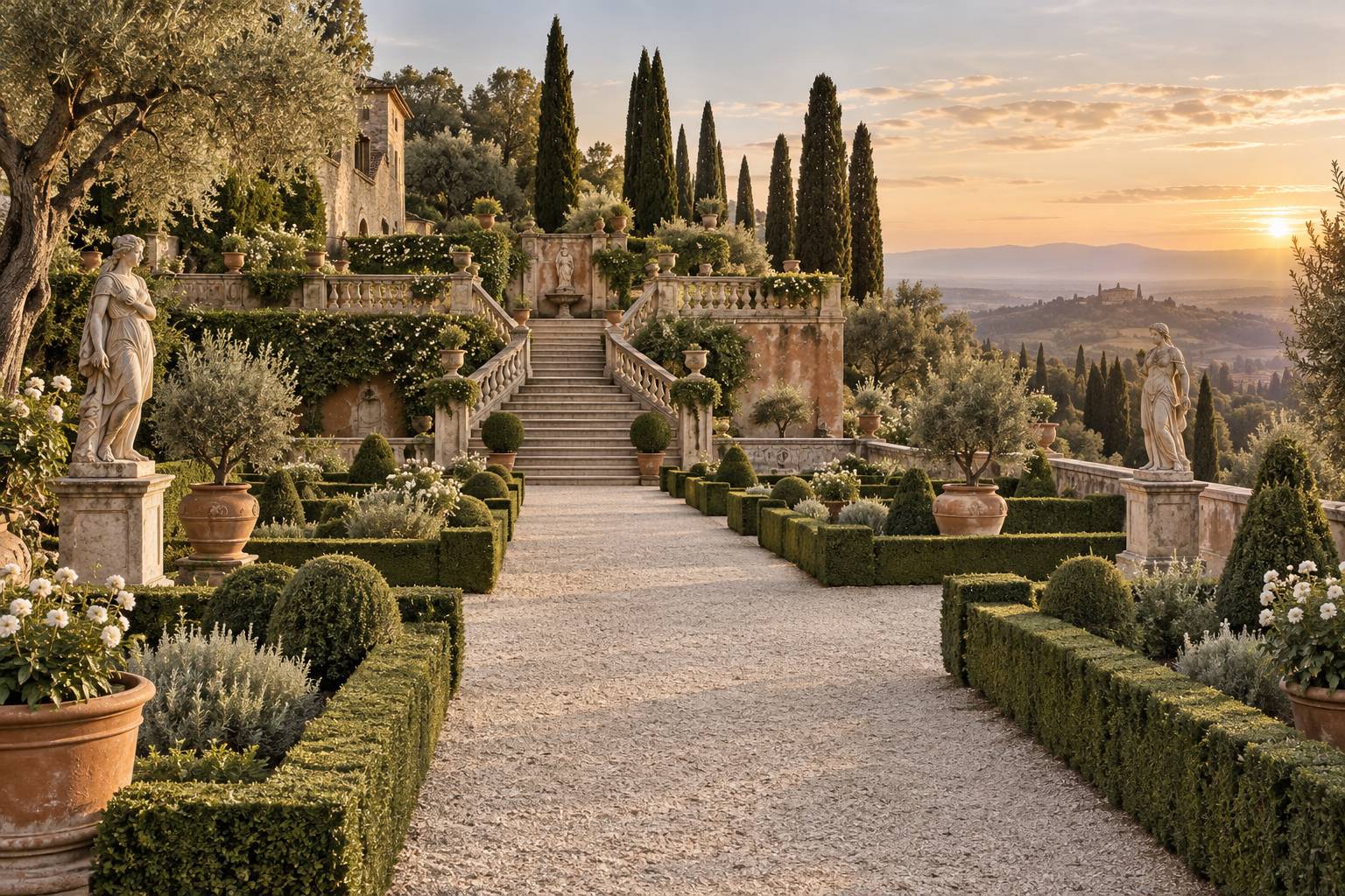Jardin de la Renaissance en terrasses avec buis taillés, statues et vasques