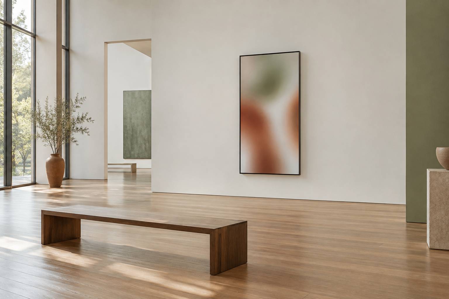 Salle de musée d'art contemporain avec écran vidéo abstrait et banc de galerie