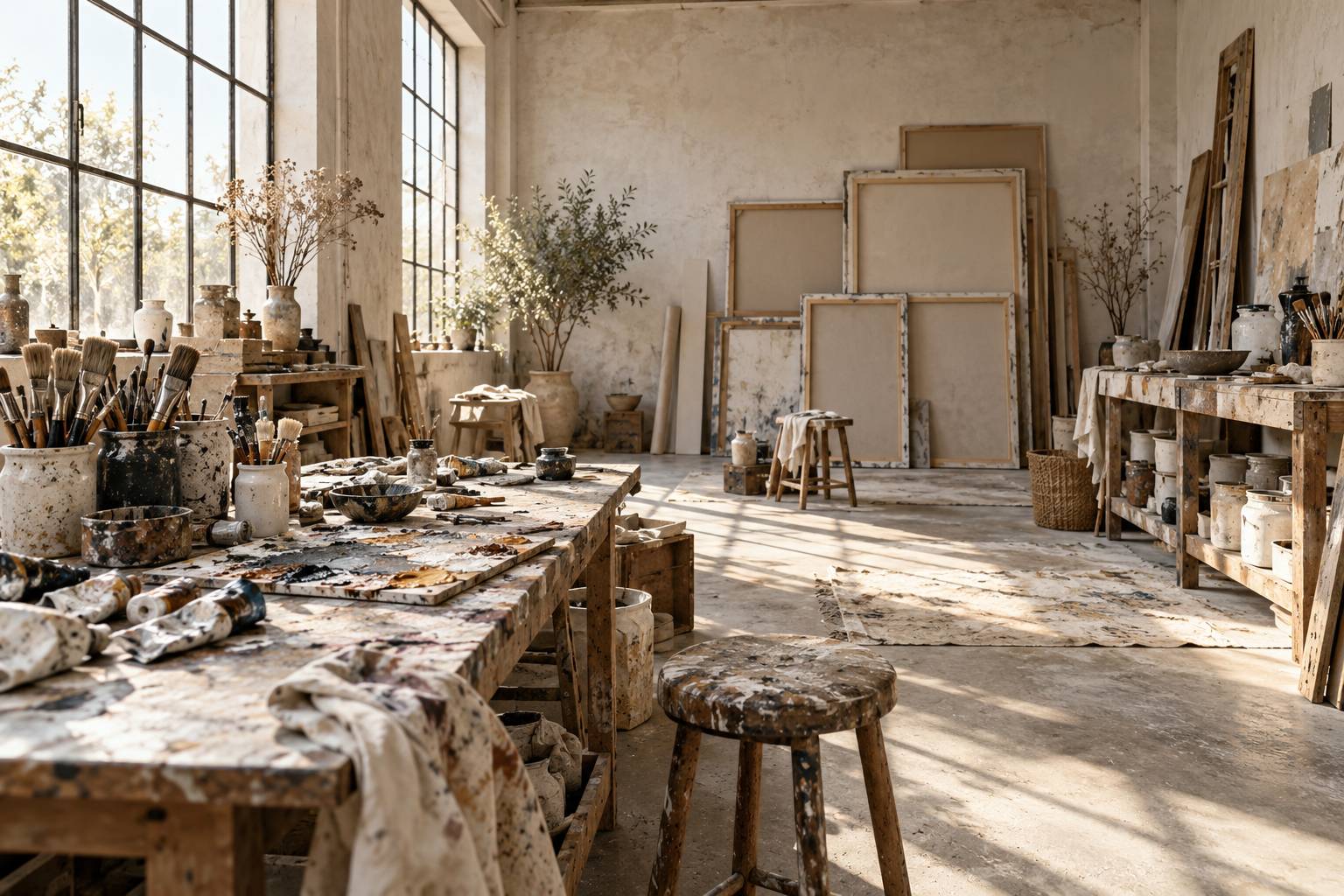 Atelier d'artiste avec pinceaux, tubes de peinture et palettes tachees