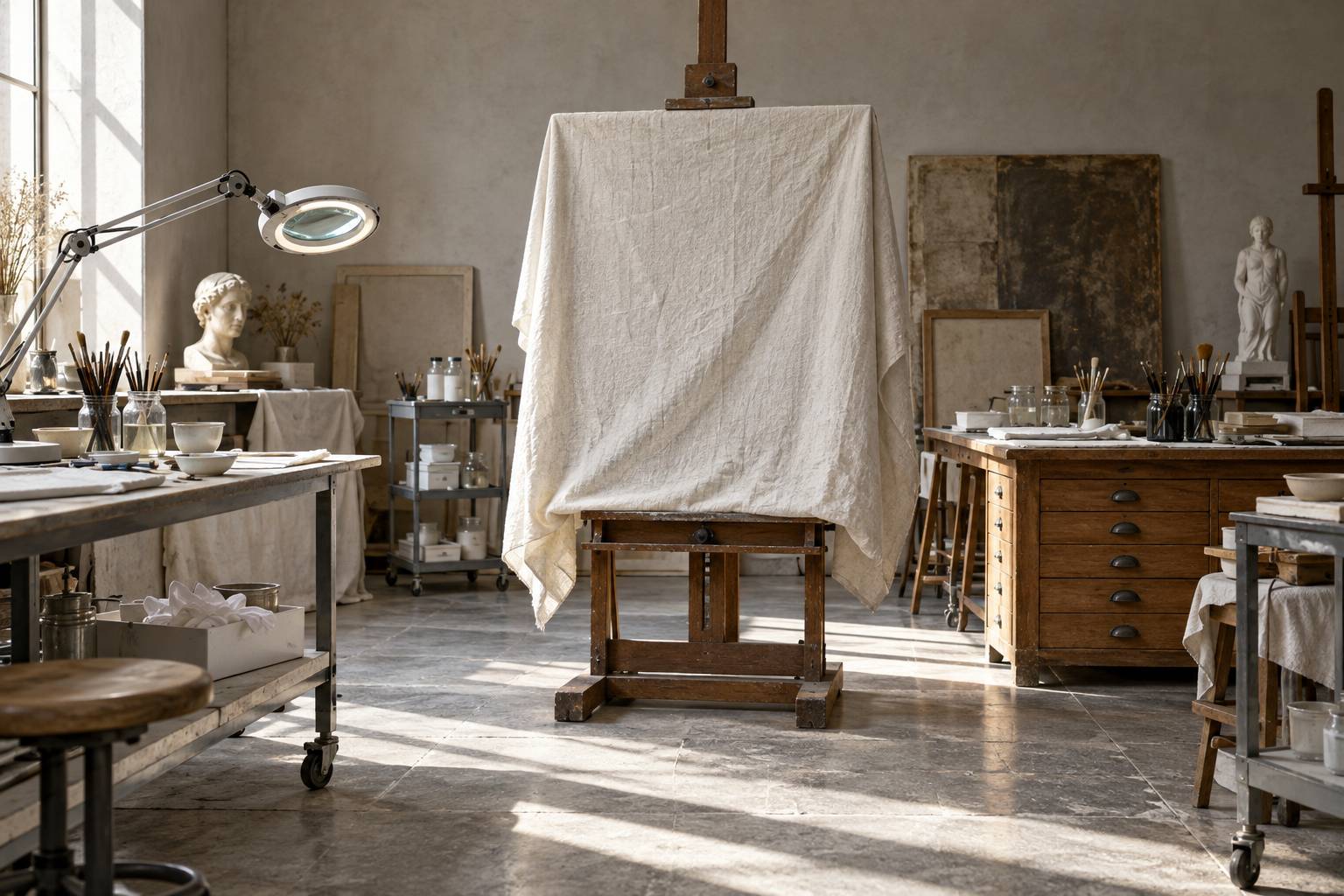 Toile recouverte d'un drap sur un chevalet dans un atelier de conservation