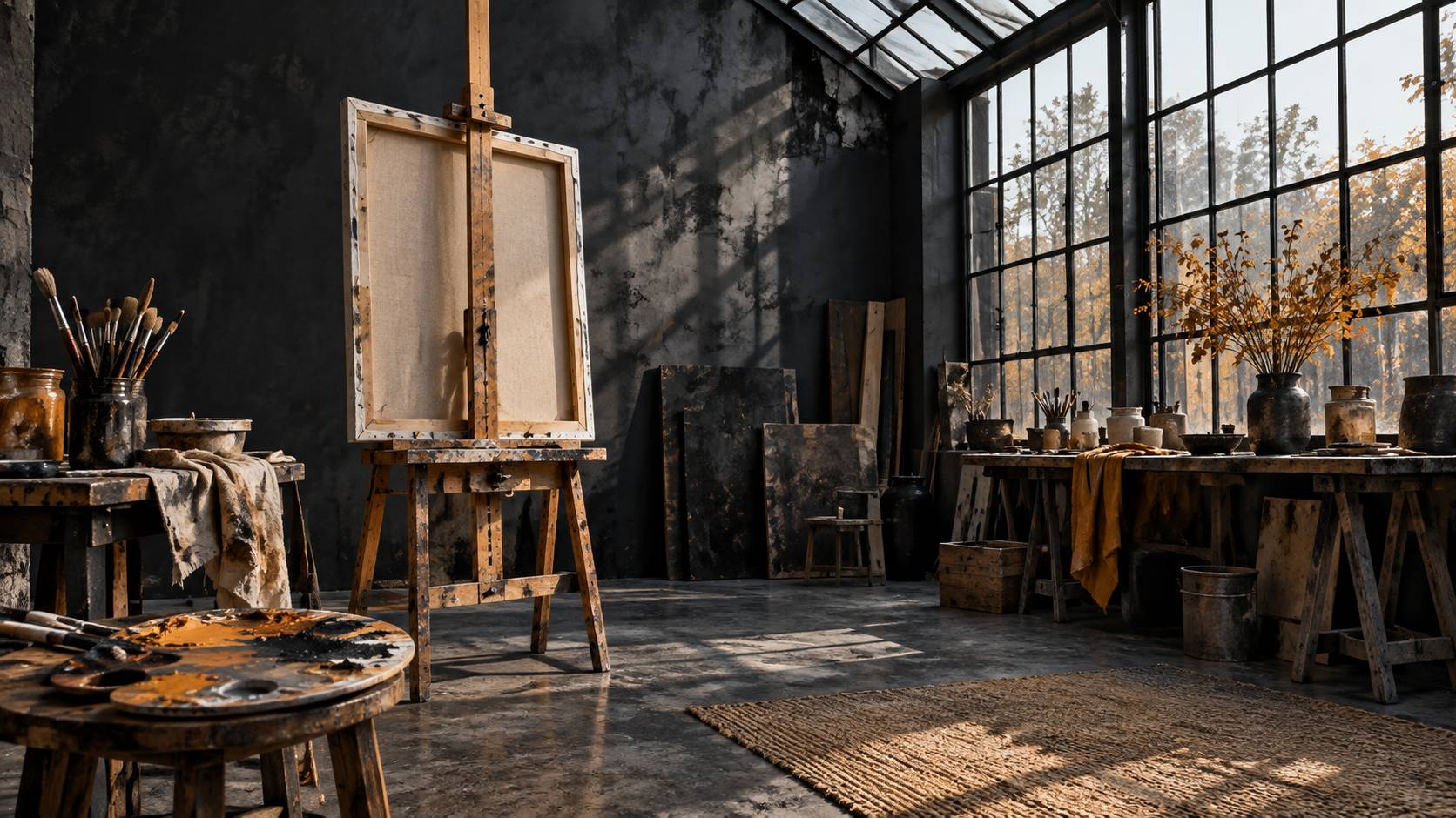 Atelier de peintre avec chevalet, palette chargée et toile retournée