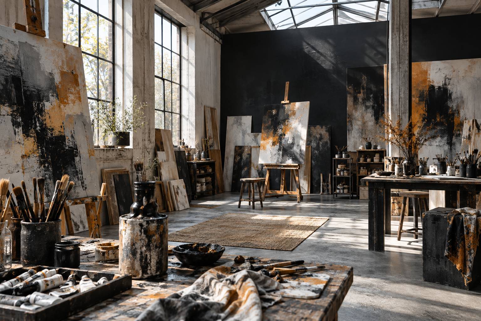 Atelier de peintre avec chevalets de bois, toiles abstraites floues, pinceaux et tubes de couleur