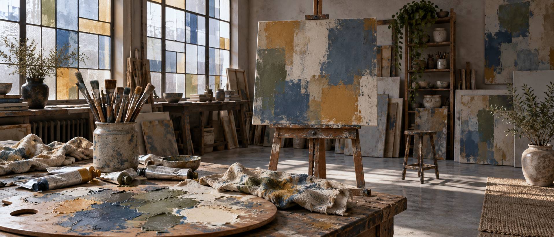 Atelier de peinture avec chevalet, toile aux aplats colorés et pinceaux