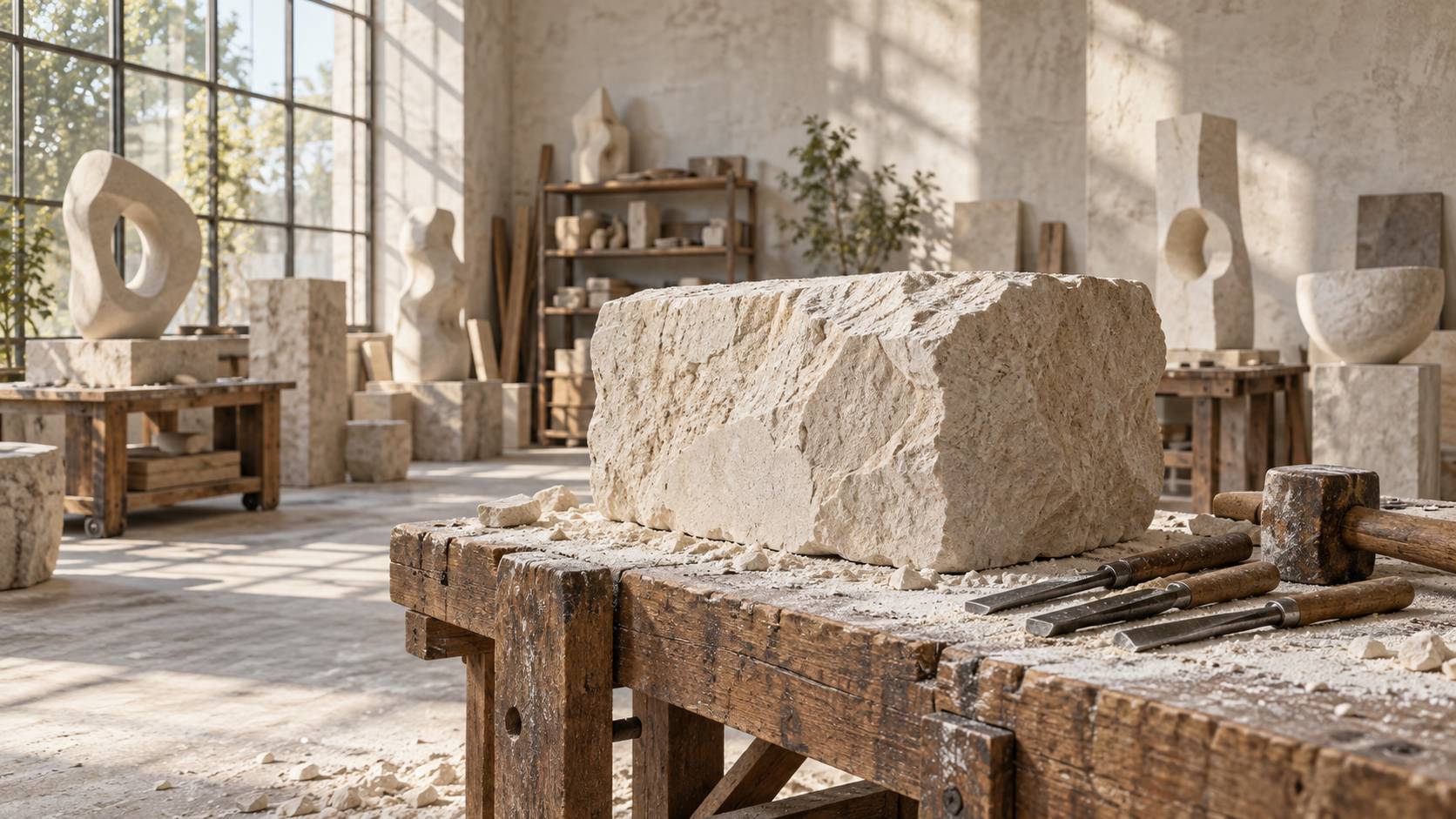 Atelier de sculpture avec bloc de calcaire, ciseaux à main et formes abstraites