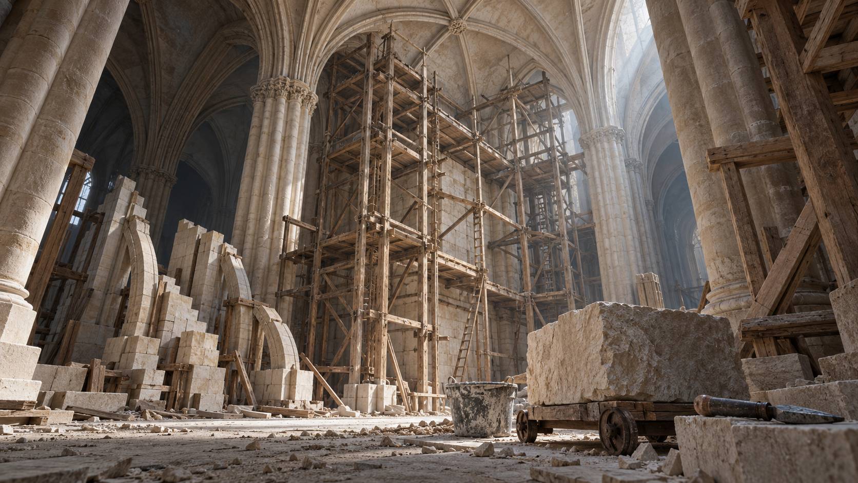 Voûte gothique en pierre avec échafaudage de bois dans une nef en travaux