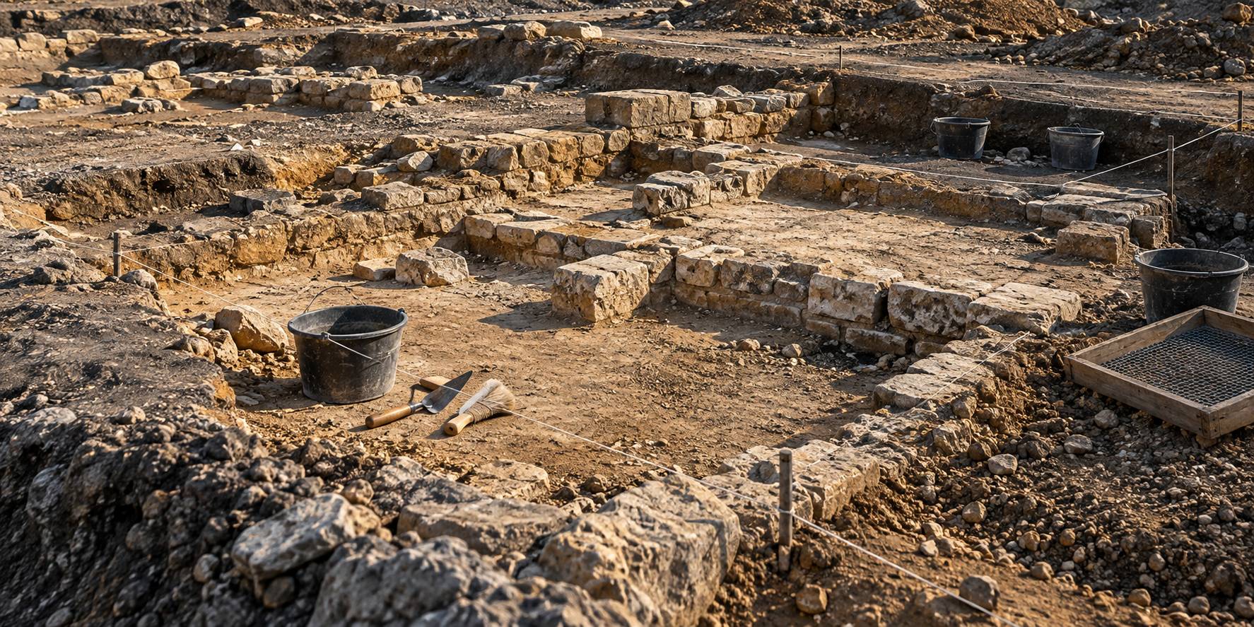 Chantier de fouille archéologique avec assises de maçonnerie antique, truelle et tamis