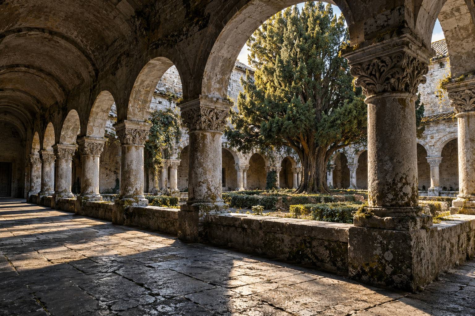 Galerie de cloître en pierre avec arcs sculptés et cour intérieure plantée d'un if