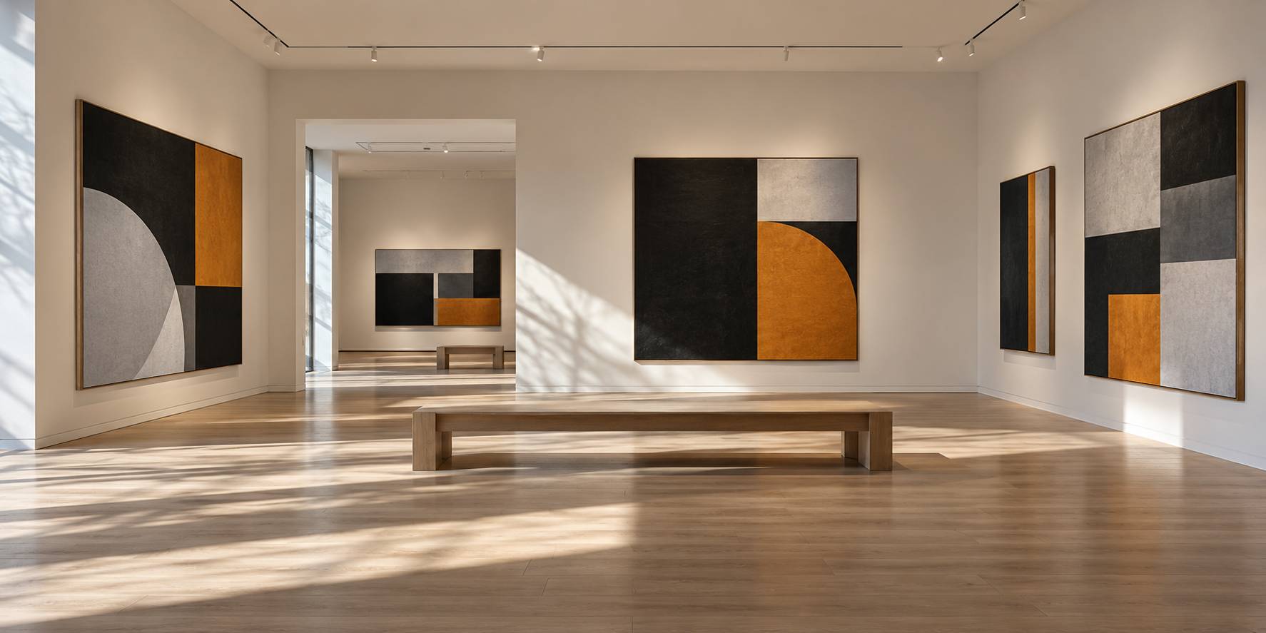 Salle de galerie contemporaine avec toiles abstraites encadrées et banc central