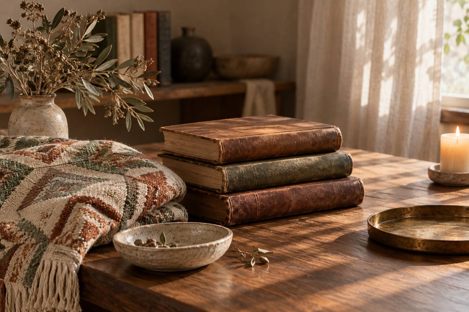 Livres anciens reliés de cuir, textile brodé et plateau de laiton sur une table en noyer