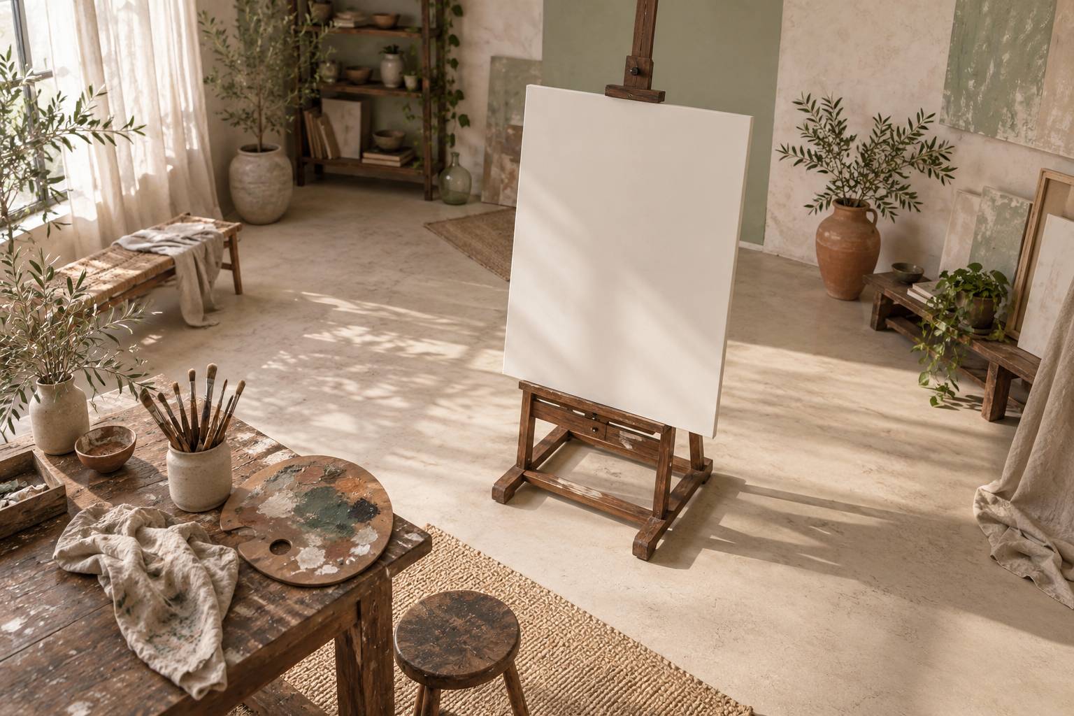 Toile blanche, palette et pinceaux dans un atelier